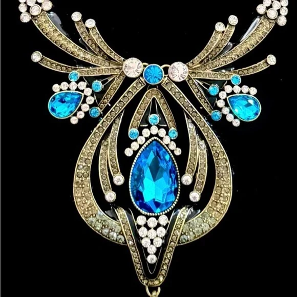 Heidi Daus “ Draped In Disco” Elegant Blue and Gold Necklace And Earrings SET - Picture 2 of 5